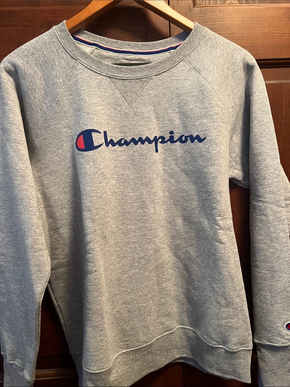 Champion Heather Gray Crewneck Sweatshirt with Blue & Red Logo